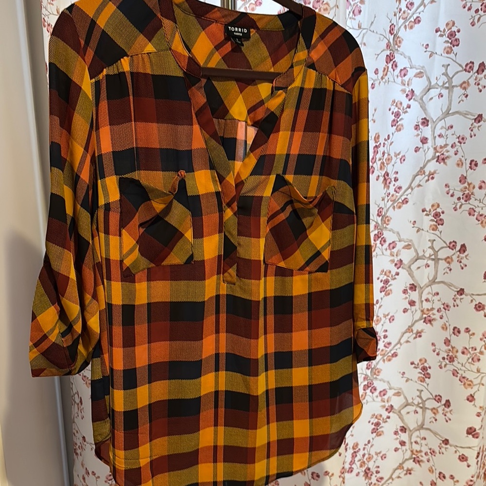Torrid Harper plaid Top - Orange Yellow, midnight blue